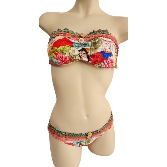 Agua Bendita NWT Button Strapless Embroidered Top Bottom Bikini Swimsuit Small - Picture 1 of 8